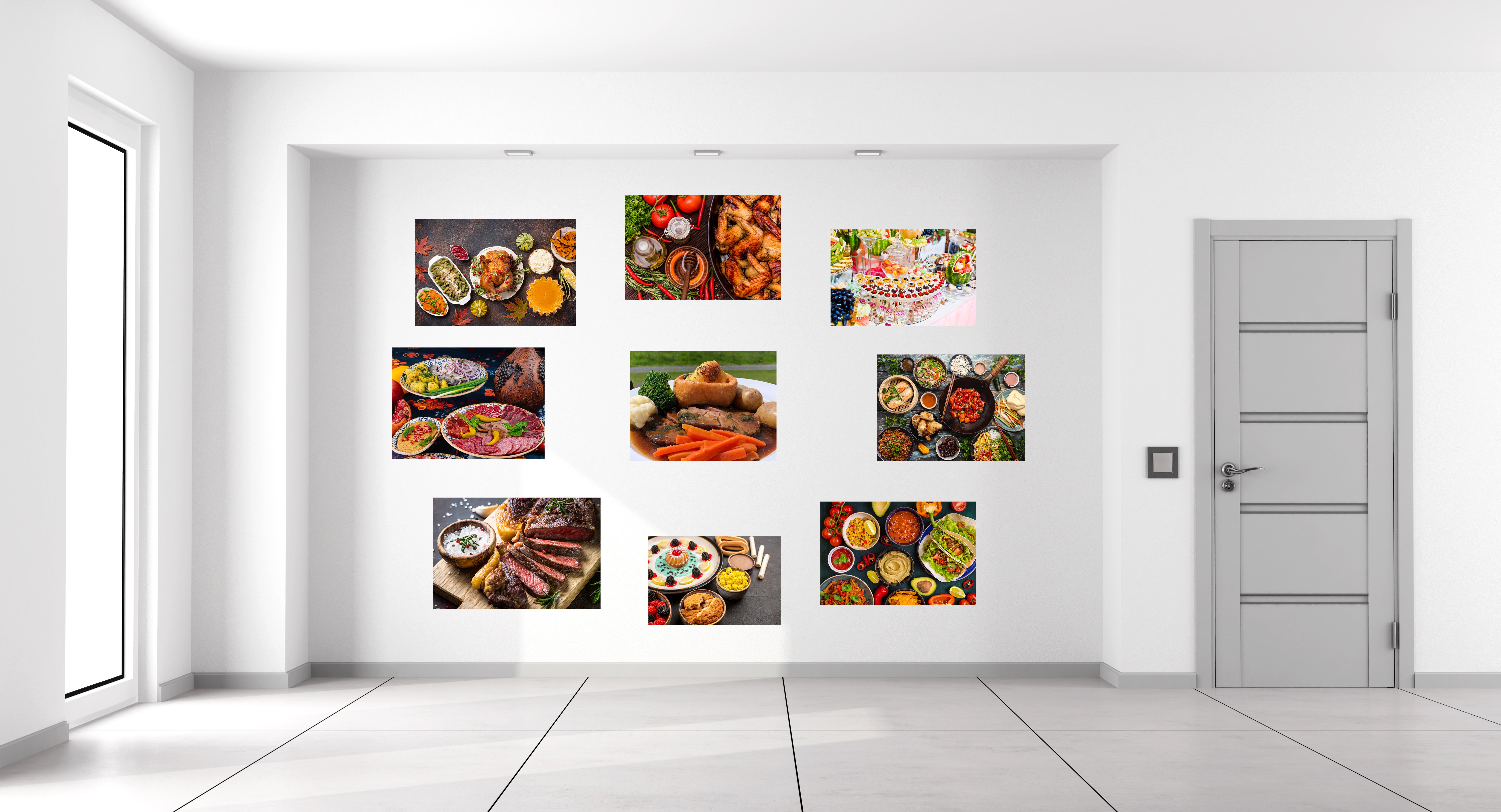 Wall with multiple framed pictures of food in a modern room.